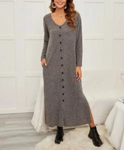 Outlet 💯 Z Avenue Charcoal Button-Front Long-Sleeve Maxi 👗 Dress - 👩 Women & Plus 🌟