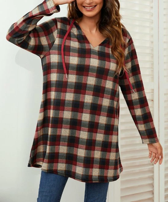 Deals π Z Avenue Red & Gray Plaid Longline Hoodie - π© Women & Plus π― - Image 2