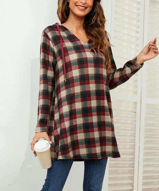 Deals π Z Avenue Red & Gray Plaid Longline Hoodie - π© Women & Plus π―