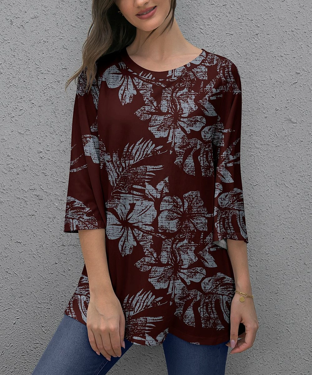 Budget π Z Avenue Havte Red Leaf Three-Quarter Sleeve Tunic - Plus π―
