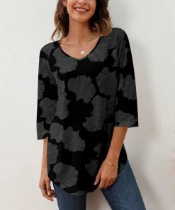 Deals 👍 Z Avenue Black Leaf Three-Quarter Sleeve Tunic - Plus ⭐