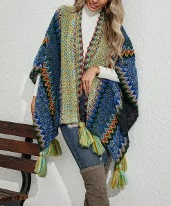 Outlet β€οΈ Z Avenue Yellow & Blue Zigzag Tassel Open Poncho - Juniors π