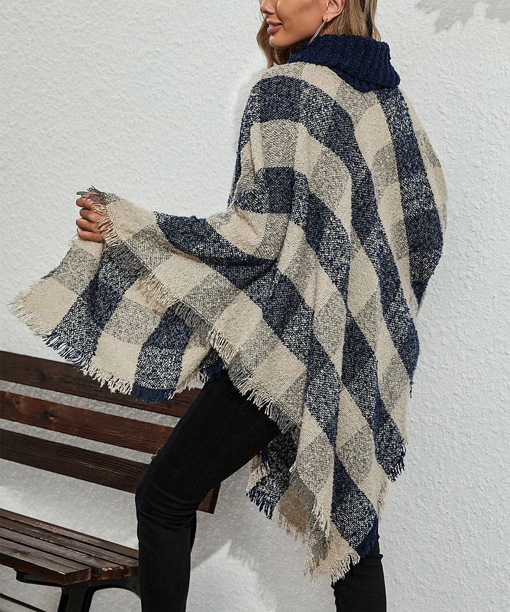 Cheapest β Z Avenue Beige & Blue Plaid Turtleneck Poncho - Juniors 𧨠- Image 2
