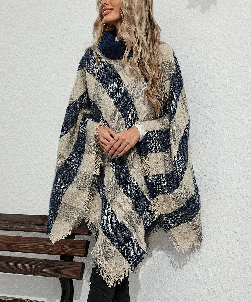 Cheapest β Z Avenue Beige & Blue Plaid Turtleneck Poncho - Juniors 𧨠- Image 3