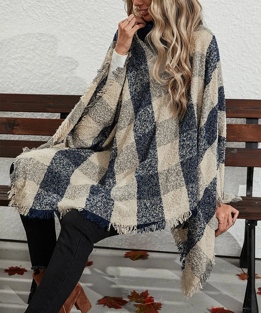 Cheapest β Z Avenue Beige & Blue Plaid Turtleneck Poncho - Juniors 𧨠- Image 4