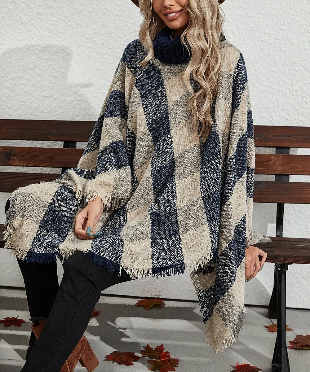 Cheapest β Z Avenue Beige & Blue Plaid Turtleneck Poncho - Juniors 𧨠- Image 5