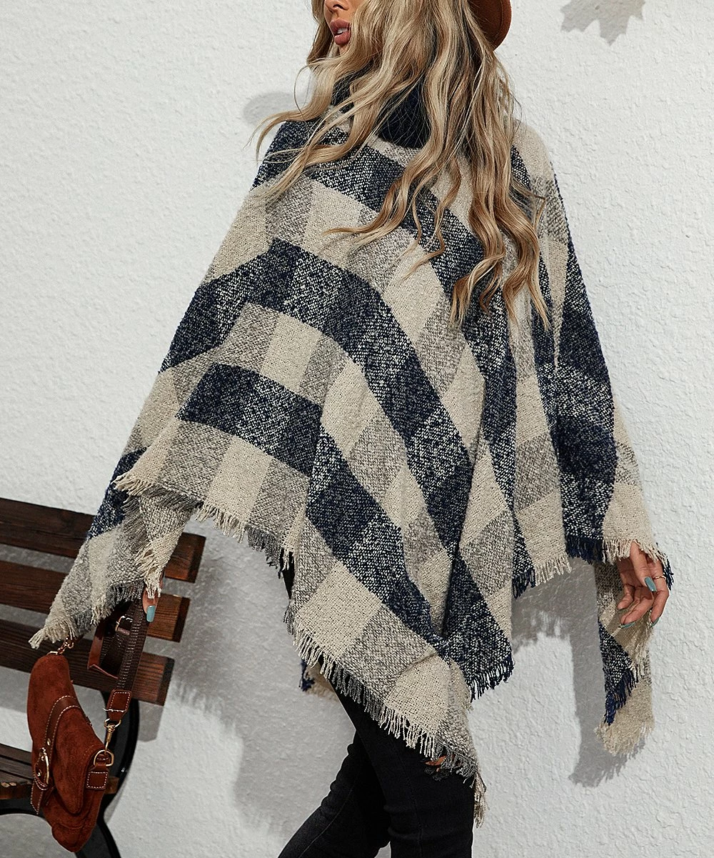 Cheapest β Z Avenue Beige & Blue Plaid Turtleneck Poncho - Juniors π§¨