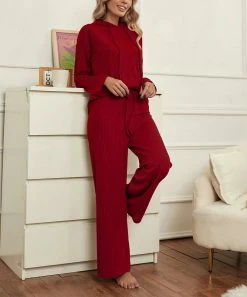 Coupon 😉 Z Avenue Red Ribbed Drawstring Hoodie & Straight-Leg Bottoms - 👩 Women & Juniors 🌟