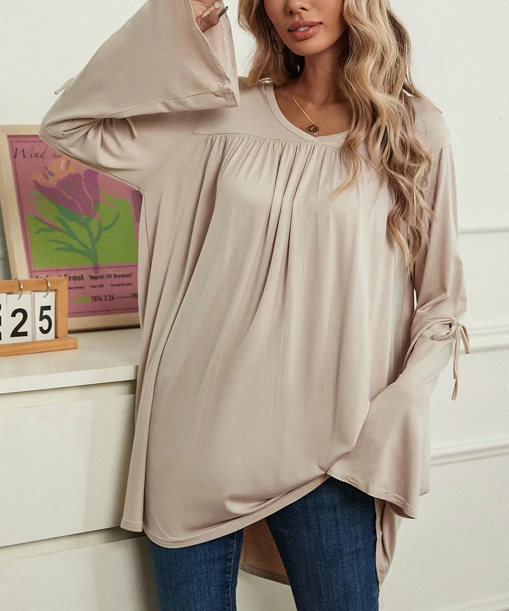 Discount π Z Avenue Beige Tie-Accent Bell-Sleeve Tunic - π© Women & Plus π₯ - Image 2