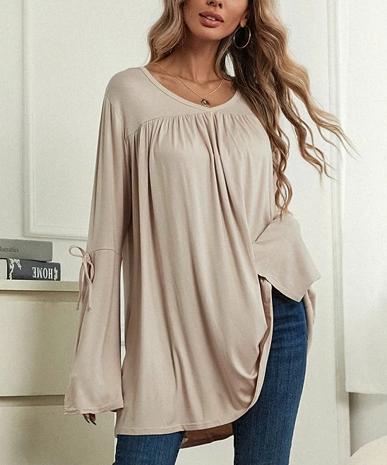 Discount π Z Avenue Beige Tie-Accent Bell-Sleeve Tunic - π© Women & Plus π₯ - Image 3