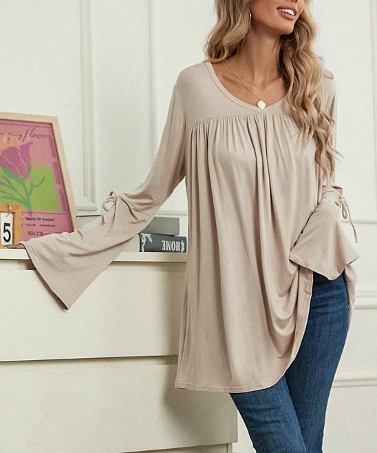 Discount π Z Avenue Beige Tie-Accent Bell-Sleeve Tunic - π© Women & Plus π₯ - Image 4