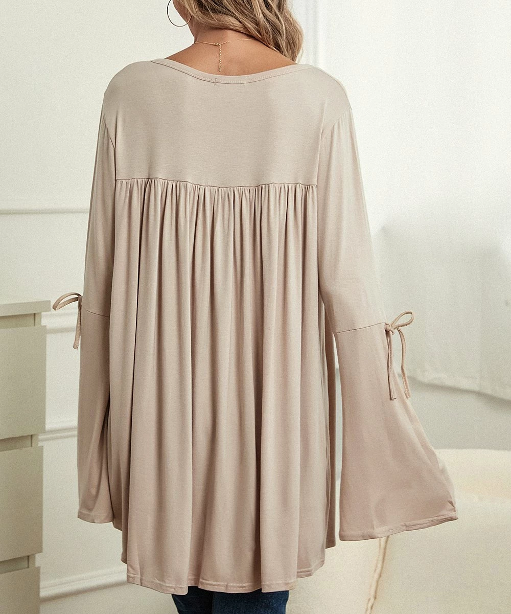 Discount π Z Avenue Beige Tie-Accent Bell-Sleeve Tunic - π© Women & Plus π₯ - Image 5