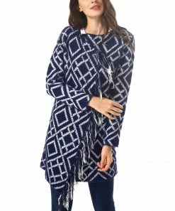 Hot Sale 🔔 Z Avenue Blue & White Geometric Fringe-Hem Open Cardigan - Plus 🎉