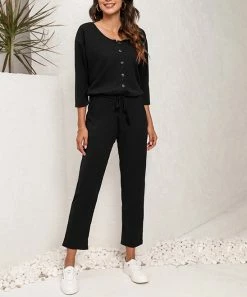 Best deal ⌛ Z Avenue Black Ribbed Button-Front Pocket Jumpsuit - 👩 Women & Plus 😉