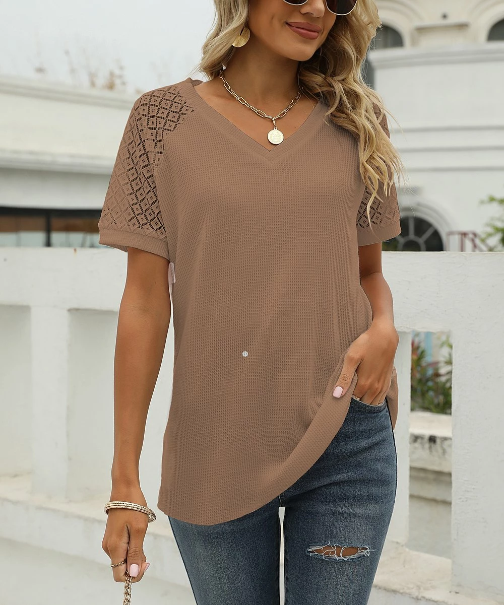 Coupon π Z Avenue Brown V-Neck Eyelet Sleeve Tunic - Plus π - Image 2