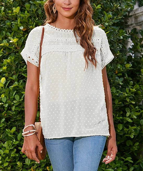 Brand new π Z Avenue White Swiss Dot Lace-Accent Button-Back Tunic - π© Women, Juniors & Plus π - Image 2
