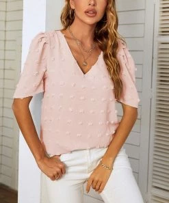 Best Sale π― Z Avenue Pink Swiss Dot Bubble-Sleeve V-Neck Top - π© Women & Juniors π₯°