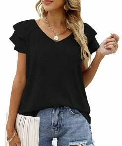 Wholesale 🔔 Z Avenue Black Layered Short-Sleeve V-Neck Top - 👩 Women 🛒