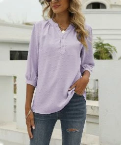 Top 10 β Z Avenue Light Purple Swiss Dot Three-Quarter Sleeve Button-Front Top - π© Women β€οΈ