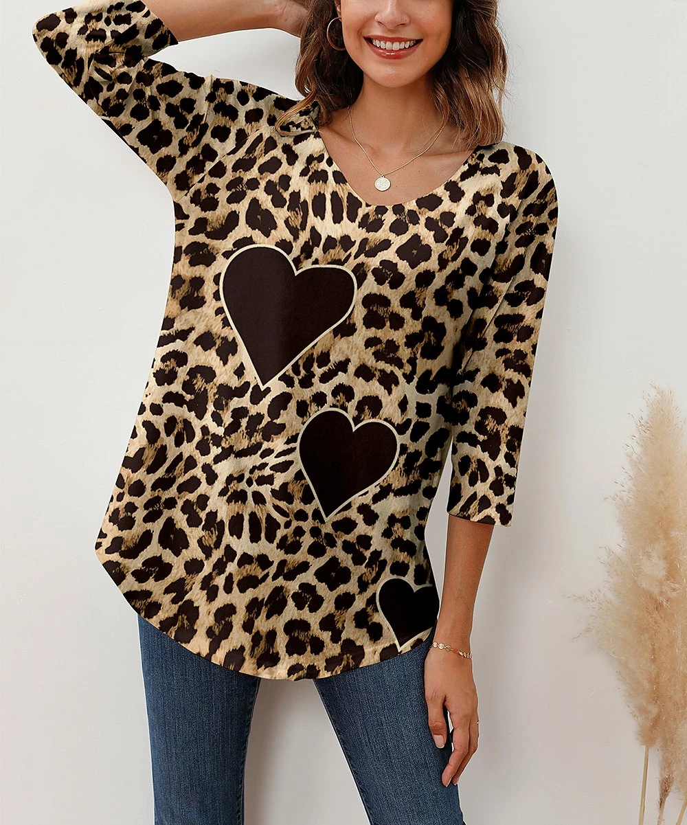 Best Pirce π₯ Z Avenue Brown & Black Heart Leopard Three-Quarter Sleeve Tunic - Plus β