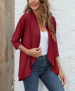 Flash Sale 🛒 Z Avenue Wine Draping Three-Quarter Sleeve Open Cardigan - 👩 Women & Juniors 😍