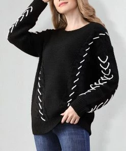 Hot Sale ⭐ Z Avenue Black & White Stitch-Accent Jewel-Neck Sweater - 👩 Women & Juniors ❤️