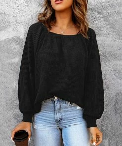 New ✨ Z Avenue Black Square-Neck Bishop-Sleeve Sweater - 👩 Women 👍