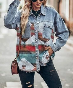 Outlet π€© Z Avenue Blue & Orange Geometric Patchwork Raw-Edge Denim Shacket - π© Women & Juniors π