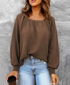 Discount 👍 Z Avenue Brown Square-Neck Bishop-Sleeve Sweater - 👩 Women 🤩