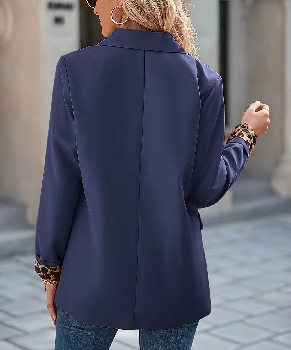 Buy 𧨠Z Avenue Navy & Leopard Flap-Pocket Blazer - π© Women & Juniors βοΈ - Image 3