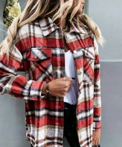 Best Sale 😍 Z Avenue Red & White Plaid Chest-Pocket Button-Up Shacket - 👩 Women & Juniors 🎁