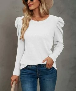 Best Sale 🧨 Z Avenue White Waffle-Knit Pleated Puff-Sleeve Top - 👩 Women & Juniors 😍