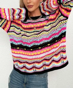 Cheapest 🥰 Z Avenue Black Stripe Patchwork Sweater - 👩 Women ⌛