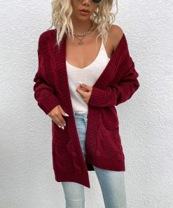 Discount 🧨 Z Avenue Wine Cable-Knit Pocket Open Cardigan - 👩 Women 🥰