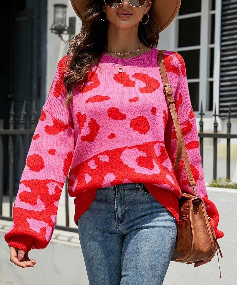 Discount π₯° Z Avenue Hot Pink & Red Leopard Color Block Crewneck Sweater - π© Women β - Image 2