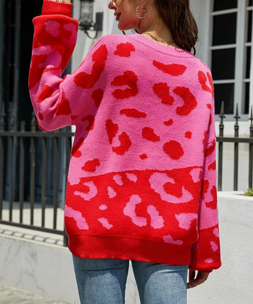 Discount π₯° Z Avenue Hot Pink & Red Leopard Color Block Crewneck Sweater - π© Women β - Image 3