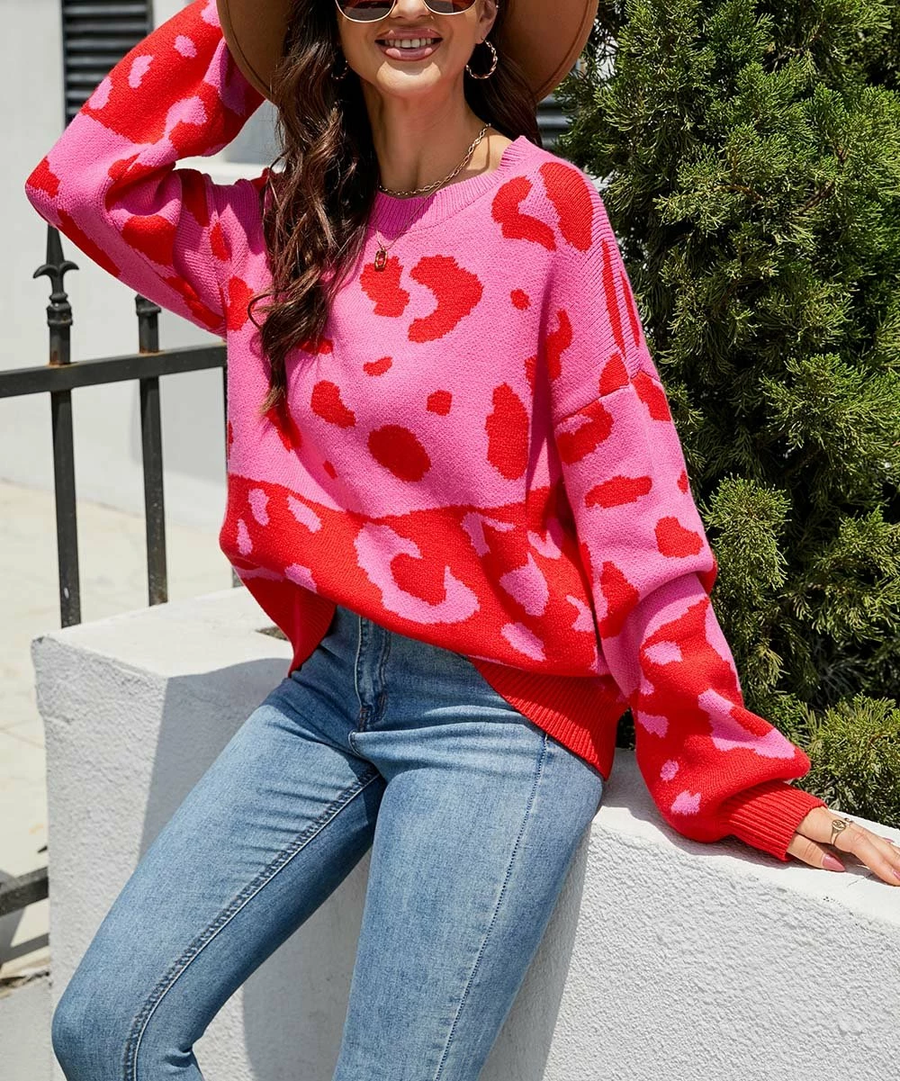 Discount π₯° Z Avenue Hot Pink & Red Leopard Color Block Crewneck Sweater - π© Women β - Image 4