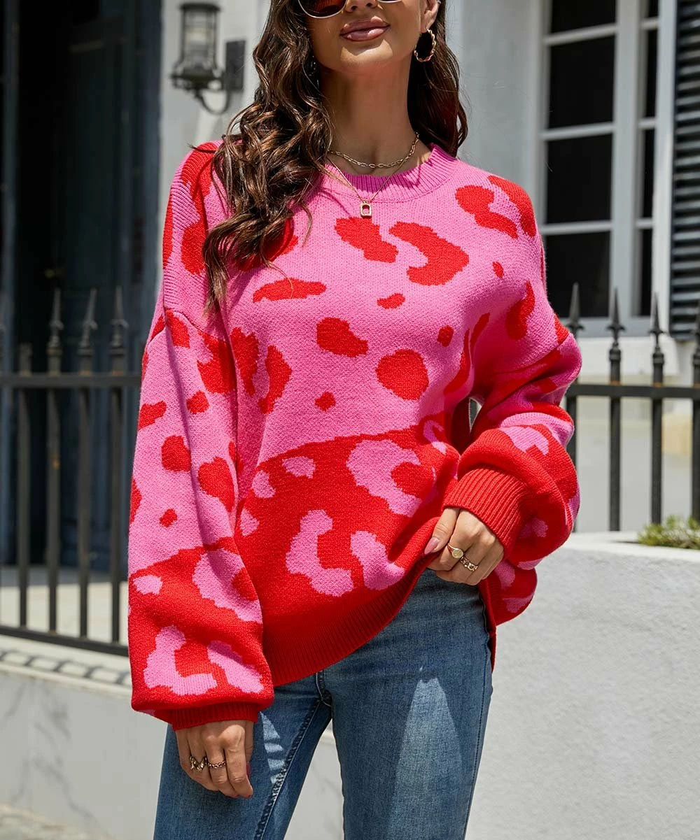 Discount π₯° Z Avenue Hot Pink & Red Leopard Color Block Crewneck Sweater - π© Women β