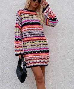 Cheap 🥰 Z Avenue Black & Pink Stripe Crochet Bell-Sleeve Crewneck Sweater 👗 Dress - 👩 Women 😍