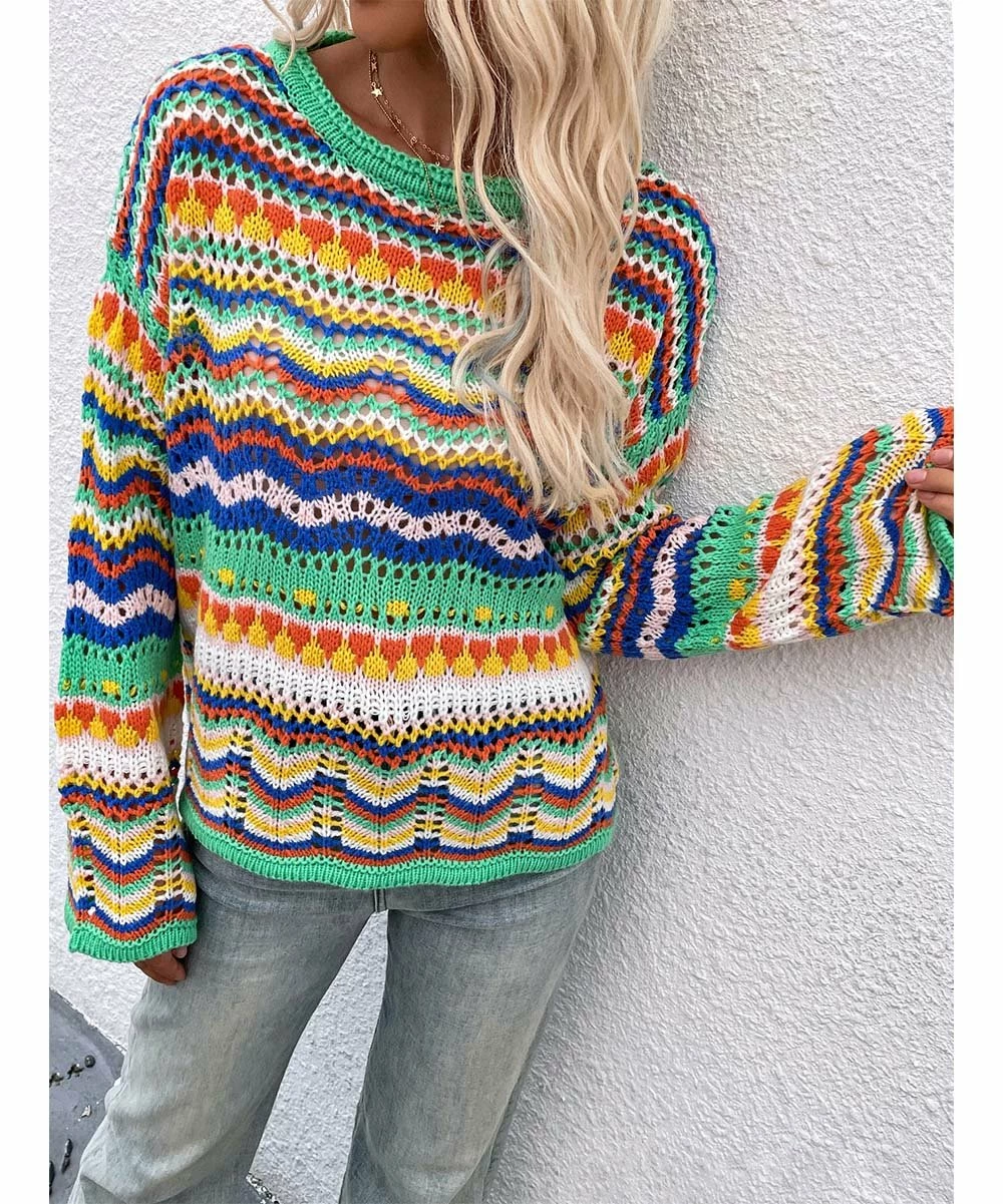 Best Sale 🛒 Z Avenue Green & Yellow Geometric Open-Knit Sweater - 👩 Women 😀 4 Best Sale 🛒 Z Avenue Green & Yellow Geometric Open-Knit Sweater - 👩 Women 😀 - Image 2
