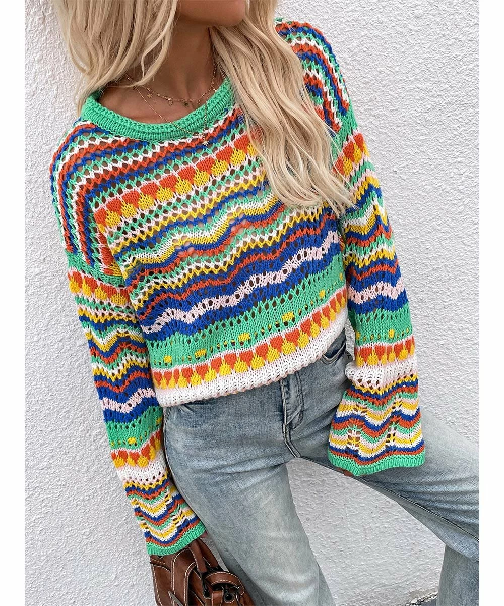 Best Sale 🛒 Z Avenue Green & Yellow Geometric Open-Knit Sweater - 👩 Women 😀 5 Best Sale 🛒 Z Avenue Green & Yellow Geometric Open-Knit Sweater - 👩 Women 😀 - Image 3