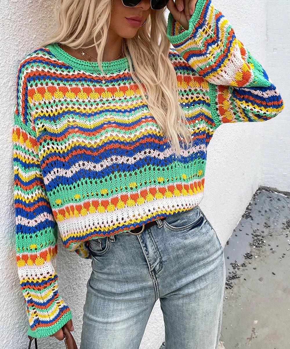 Best Sale 🛒 Z Avenue Green & Yellow Geometric Open-Knit Sweater - 👩 Women 😀 6 Best Sale 🛒 Z Avenue Green & Yellow Geometric Open-Knit Sweater - 👩 Women 😀 - Image 4
