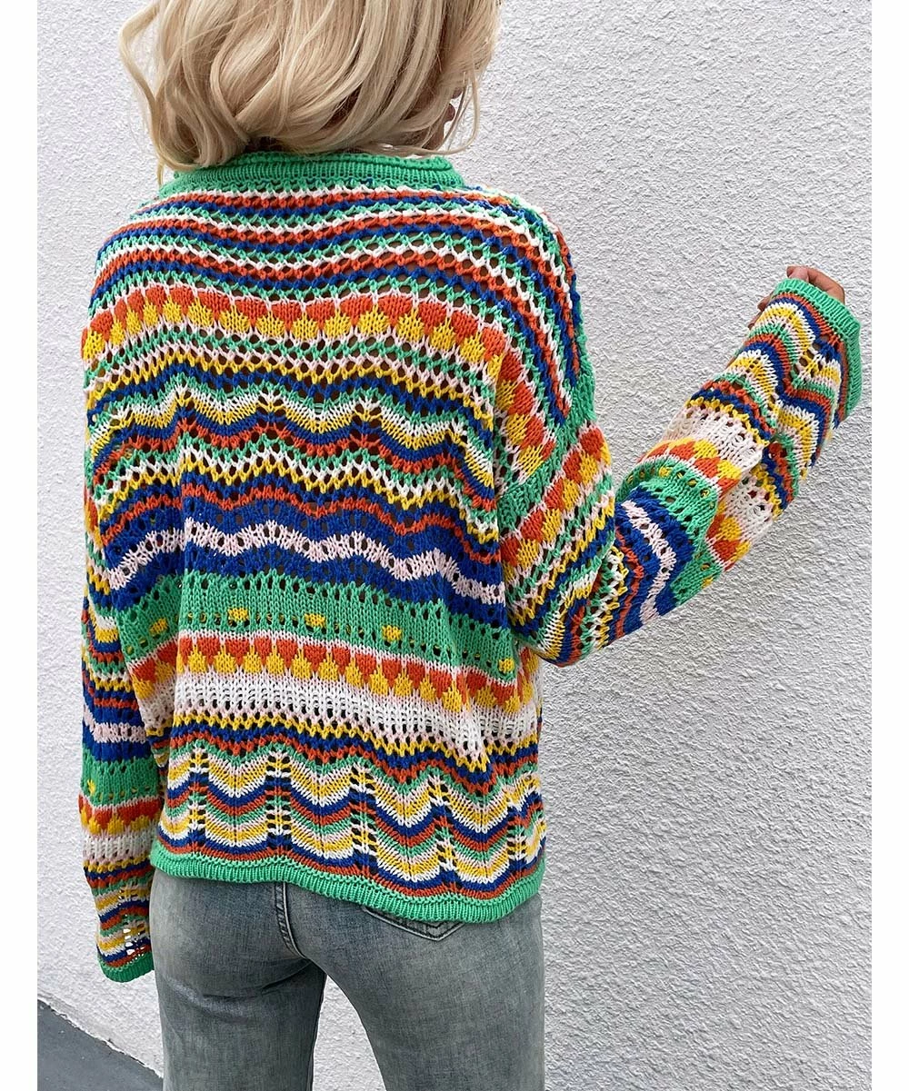 Best Sale 🛒 Z Avenue Green & Yellow Geometric Open-Knit Sweater - 👩 Women 😀 7 Best Sale 🛒 Z Avenue Green & Yellow Geometric Open-Knit Sweater - 👩 Women 😀 - Image 5