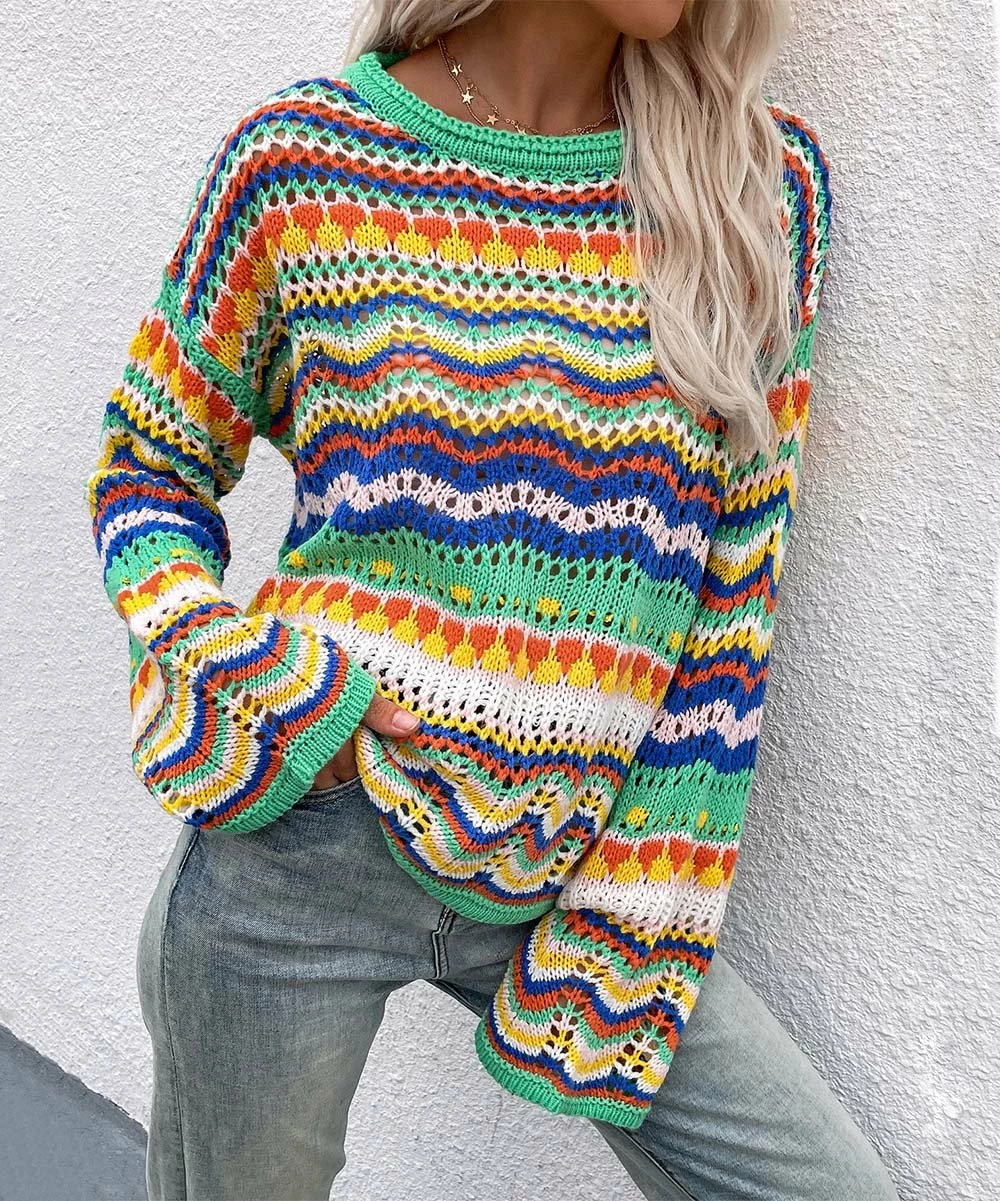 Best Sale 🛒 Z Avenue Green & Yellow Geometric Open-Knit Sweater - 👩 Women 😀 3 Best Sale 🛒 Z Avenue Green & Yellow Geometric Open-Knit Sweater - 👩 Women 😀