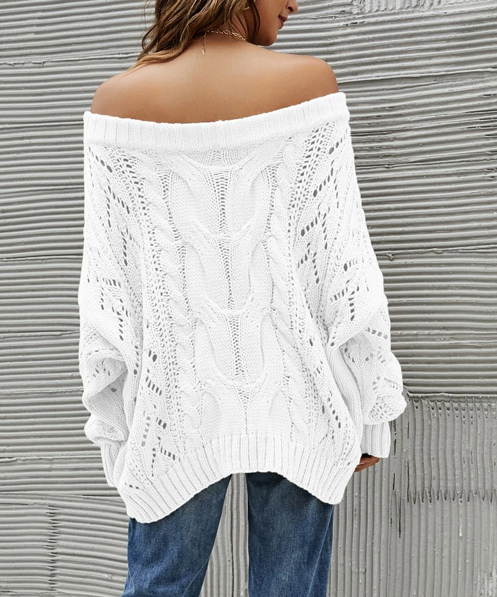 Outlet 𧨠Z Avenue White Cable-Knit Bishop-Sleeve Off-Shoulder Sweater - π© Women 𧨠- Image 2