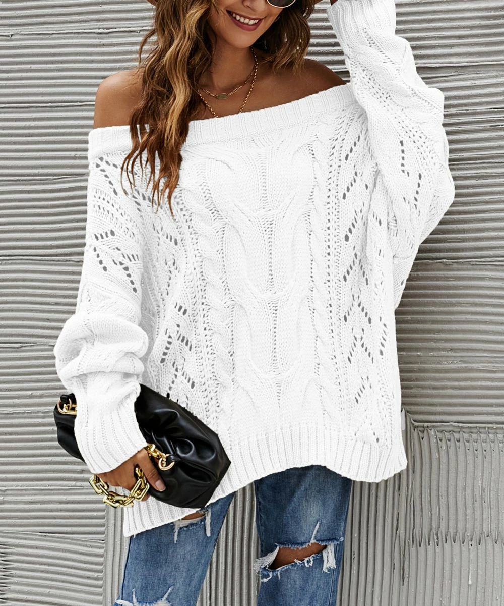 Outlet 𧨠Z Avenue White Cable-Knit Bishop-Sleeve Off-Shoulder Sweater - π© Women 𧨠- Image 3