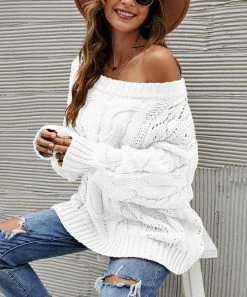 Outlet 𧨠Z Avenue White Cable-Knit Bishop-Sleeve Off-Shoulder Sweater - π© Women π§¨