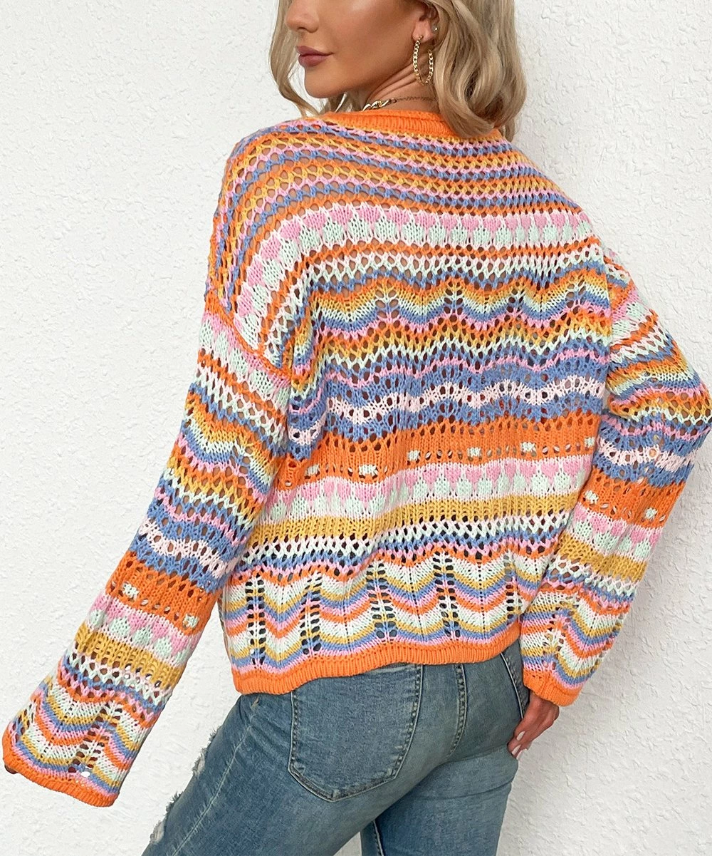 Best Pirce β Z Avenue Orange & Blue Geo Patchwork Bell-Sleeve Sweater - π© Women π― - Image 5