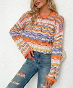 Best Pirce ⭐ Z Avenue Orange & Blue Geo Patchwork Bell-Sleeve Sweater - 👩 Women 💯