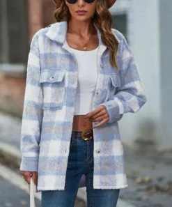 Discount ❤️ Z Avenue Light Blue & White Plaid Shacket - 👩 Women 🌟